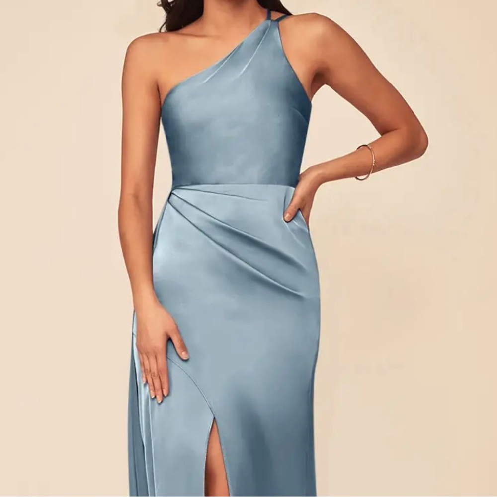 ALMOST NEW. One shoulder dusty blue slit maxi dress used one time only.